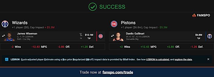 A possible trade scenario for the Washington Wizards to get James Wiseman using FANSPO.